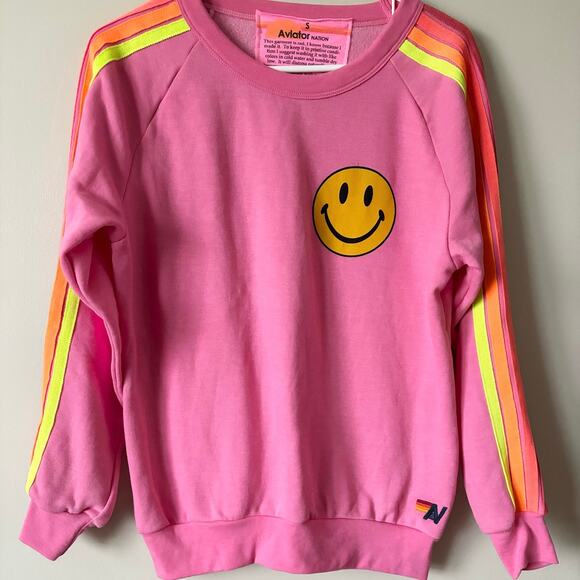 AVIATOR NATION Smiley Hot Pink Crewneck Sweatshirt Stripes S - Picture 6 of 6